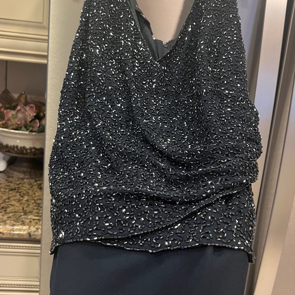 Elegant Navy Crystal Bead Embellished Sleeveless Dress, Gown.